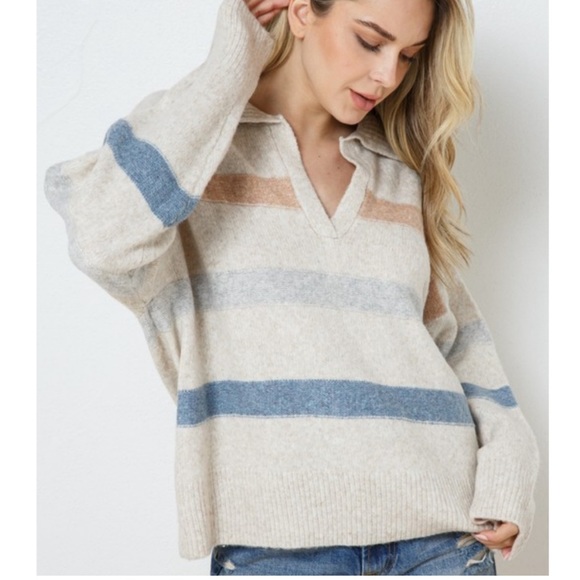 Horizontal Striped Collard V-Neck Loose Fit Sweater - Picture 2 of 8